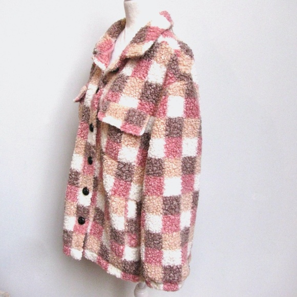 Pink Lily Sherpa Jacket Pink Multicolor Plaid Lined Womens Size XL - Picture 4 of 16